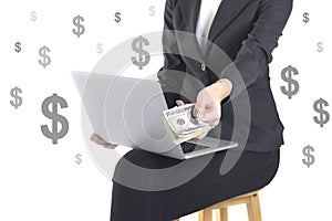 Successful businesswoman very happy because got money from success new project on white dollar background