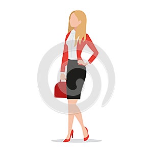 Successful businesswoman wearing black skirt and red blazer holding red handbag flat style icon isolated on white