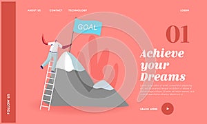 Successful Career, Victory Landing Page Template. Business Man Character Climbing on High Mountain. Businessman on Peak