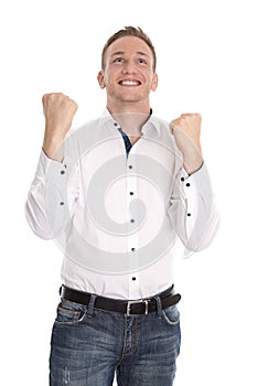 Successful cheering isolated young blond man making fist gesture