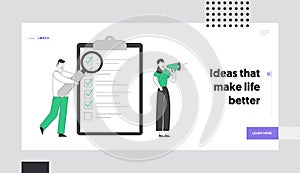 Successful Completion of Tasks Website Landing Page. Business Man with Giant Magnifying Glass Woman Yelling to Megaphone