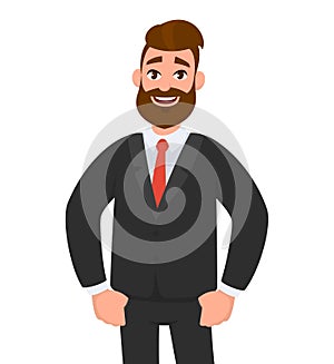 Successful confident happy businessman standing while smiling and thumb finger inside the pant or trouser pocket. photo