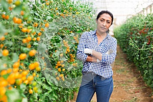 Successful confident Hispanic female grower in greenhouse