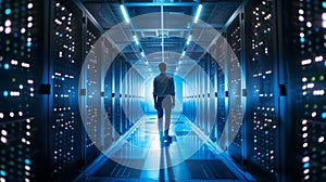 A successful Data Center IT Specialist using a laptop computer. A server farm cloud computing facility with a system