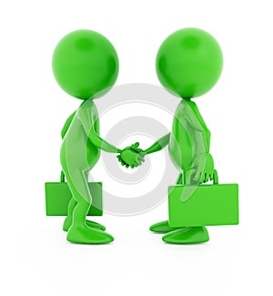 Successful deal. Two 3d green characters shaking hands. Isolated