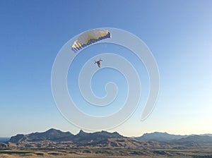 Successful. Emotions people prefer air sport. Flight school of paragliding. Beautiful view. Adrenaline.