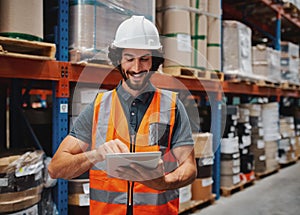 Successful entrepreneur in warehouse checking inventory list using digital tablet while wearing helmet and safety vest