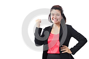 Successful executive very excited, happy smiling business woman. Asia business woman person expression YES Fist Pump