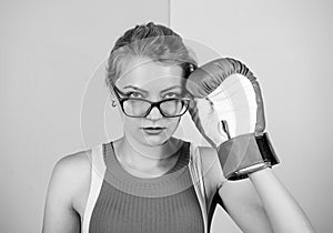 Successful female. Smart strong and sexy. Super woman concept. Successful womanhood. Woman boxing gloves adjust