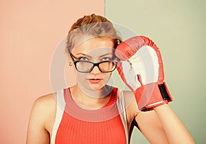 Successful female. Smart strong and sexy. Super woman concept. Successful womanhood. Woman boxing gloves adjust