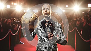 Successful football player with ball on red carpet