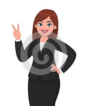 Successful happy businesswoman showing / gesturing V, victory or peace sign. Businesswoman showing two fingers.