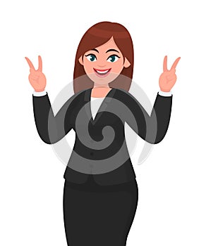 Successful happy businesswoman showing / gesturing V or victory sign. Businesswoman showing two fingers.