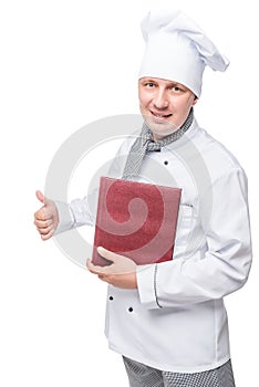 Successful happy chef holding a menu on a white