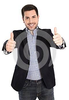 Successful happy isolated young businessman with thumbs up.