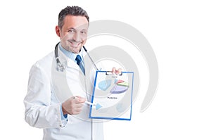 Successful hospital manager, doctor or medic showing profit prediction piechart