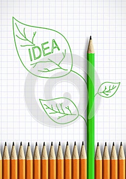 Successful idea creativity concept, pencil with leaves as stem