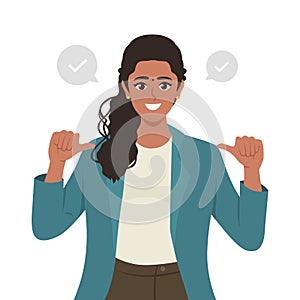 Successful Indian business woman dressed in suit with confidence, pointing herself with fingers proud