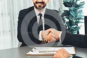 Successful job interview at business office with handshake. Fervent