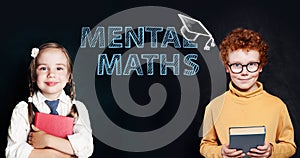 Successful kids boy and girl pupils on blackboard background with science and maths formulas. Mental maths concept