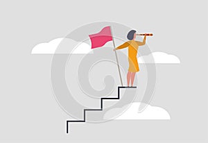 Successful leader woman confidently looks into the future through binoculars. Woman stands on stairs and holds flag as a leader.