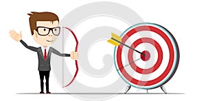 Successful man aiming target with bow and arrow