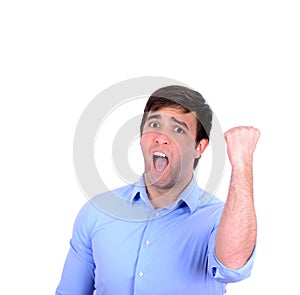 Successful man celebrating with arms up and shouting of joy isolated on white