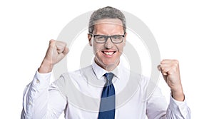 successful man celebrating success isolated on white. successful man celebrating success