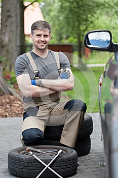 Successful man before changing car wheel