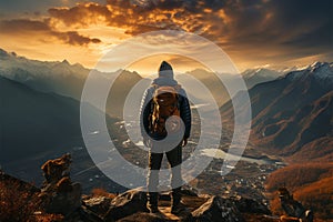 successful man hiker enjoy the view on mountain top