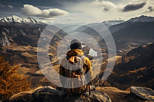 successful man hiker enjoy the view on mountain top