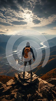 successful man hiker enjoy the view on mountain top