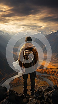 successful man hiker enjoy the view on mountain top