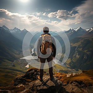 successful man hiker enjoy the view on mountain top