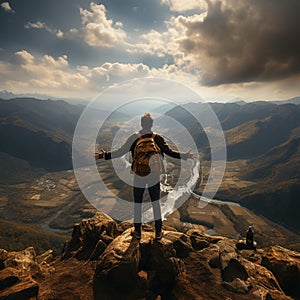 successful man hiker enjoy the view on mountain top