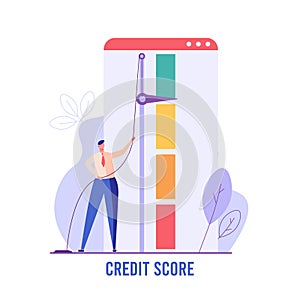 Successful man increasing credit rating. Concept of credit score, banking, good or bad bank rating. Vector illustration in flat