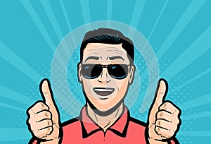 Successful man showing thumbs up. Retro comic pop art vector illustration