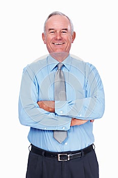 Successful mature business man smiling. Portrait of smart mature business man smiling over white background with hands