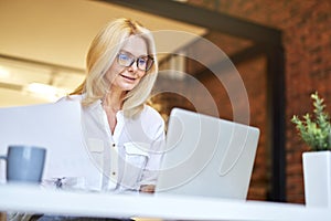 Successful mature businesswoman in glasses smiling while working on the laptop, doing some paperwork at the office