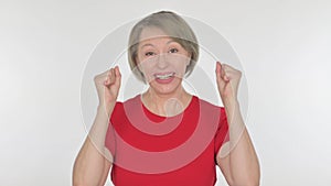 Successful Old Woman Celebrating on White Background