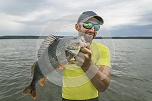 Successful perch fishing. Happy fisherman hold big perch fish on lake background