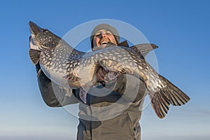 Successful pike fishing. Happy fisherman hold huge muskie fish photo