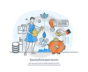 Successful project launch, new idea development, goal achievement concept