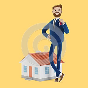 A successful realtor holds a key in his hand and sells, rents a house.