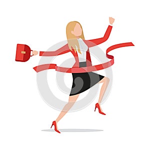 Successful running businesswoman crossing finish line flat style icon, excited happy female executive employee