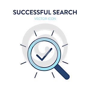 Successful search icon. Vector illustration of a magnifier tool with a check mark symbol inside. Represents concept of online