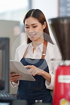 Successful small business owner sme beauty girl stand at her cafe