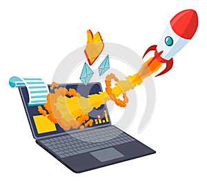Successful start up, starting new business project. Starting launch, entrepreneurial concept. Rocketship on computer for photo