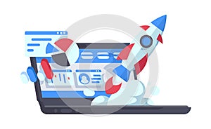 Successful start up, starting new business project. Starting launch, entrepreneurial concept. Rocketship on computer for photo