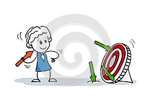 Successful stick business woman shoots arrows at target and misses. Cartoon stick figure woman smiling at difficulties